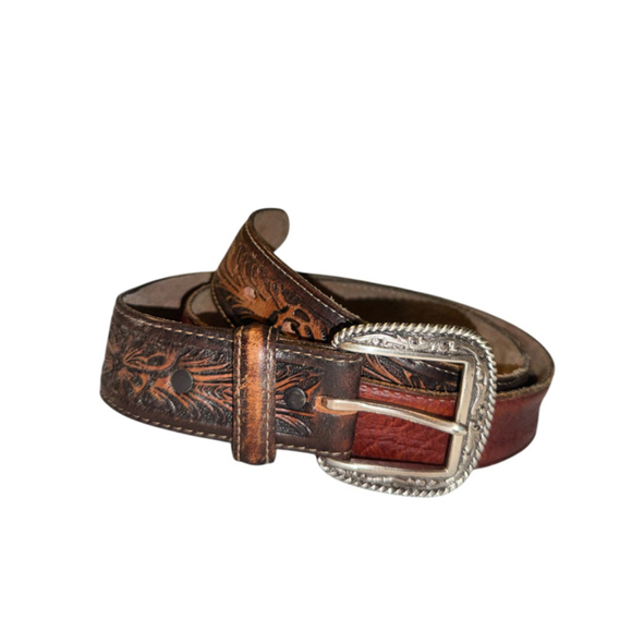Justin’s Western Embossed Tab Medium Brown Leather Belt Size 36 main image 6